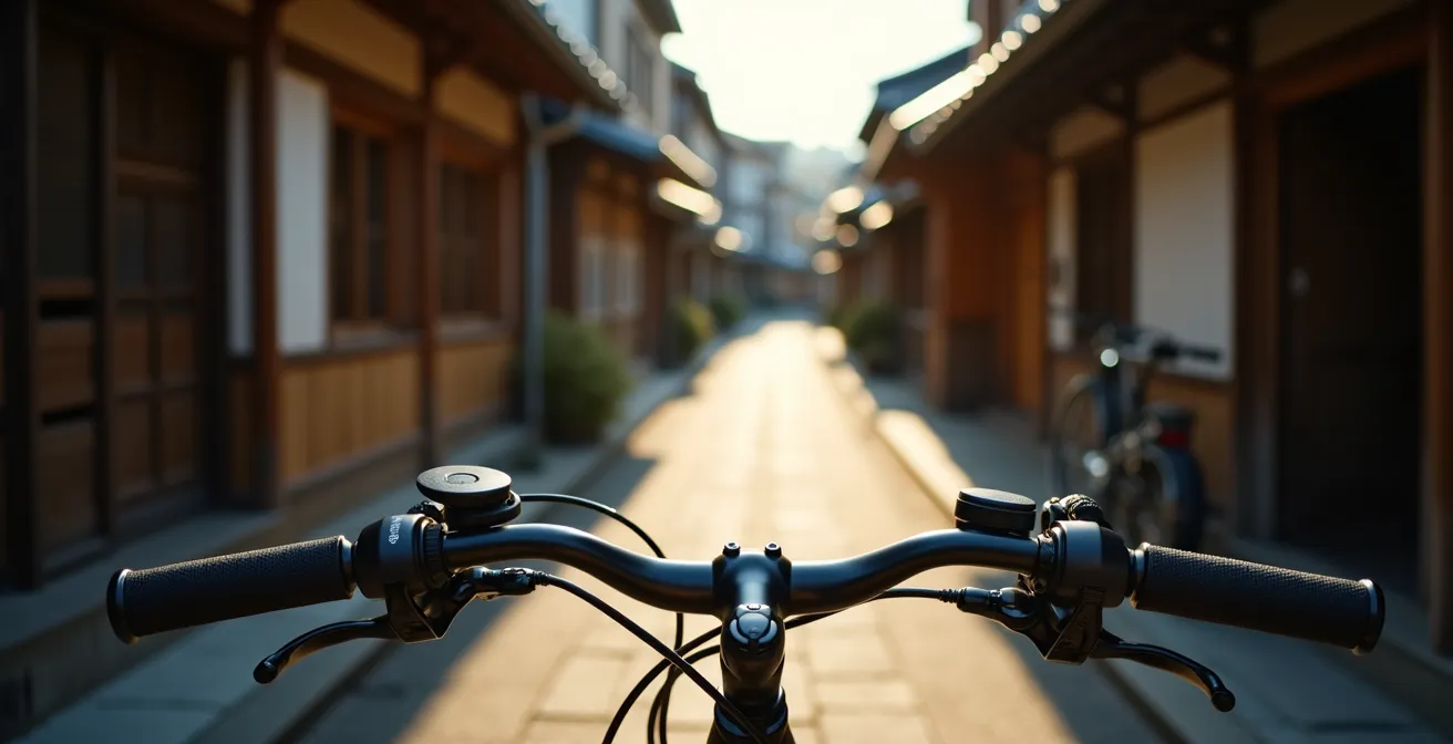 View from bicycle handlebars of empty traditional Gion alley in early morning