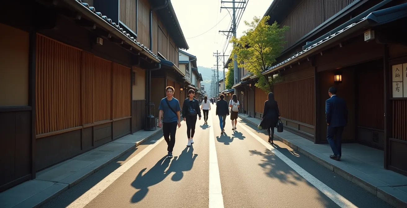 Wide street view showing proper tourist positioning with traditional Gion architecture