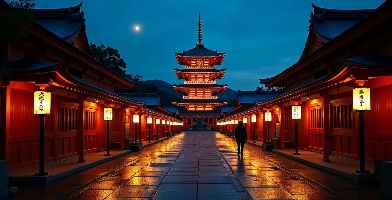 Senso-ji Temple pagoda illuminated at night with lanterns and peaceful atmosphere