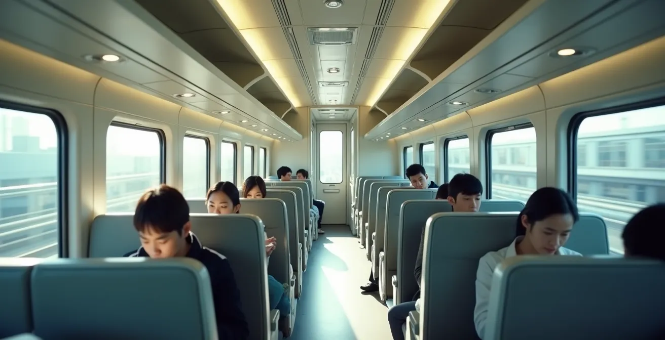 Interior of Nozomi Shinkansen showing business travelers working silently