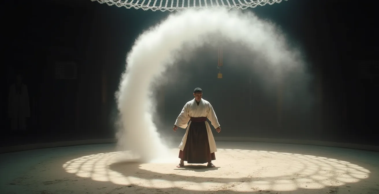 Sumo wrestler performing traditional salt throwing purification ritual