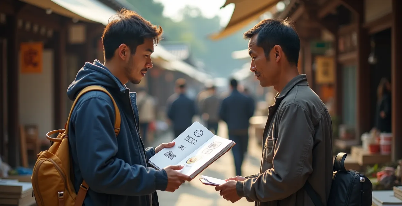 Tourist showing simple hand-drawn pictograms to communicate with Japanese vendor at rural market