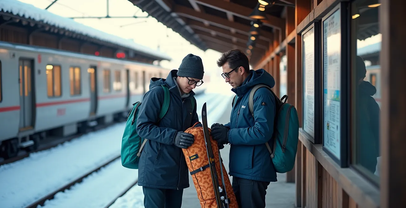 Skiers organizing equipment at Japanese train platform