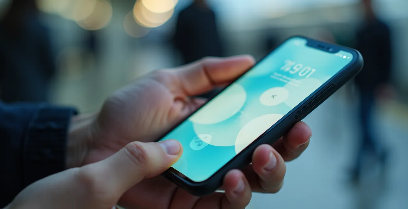 Close-up of hands holding smartphone showing travel app interface
