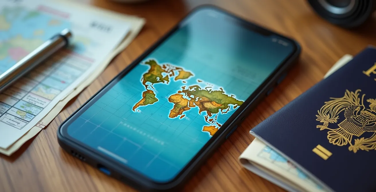 Smartphone showing downloaded offline maps with travel essentials
