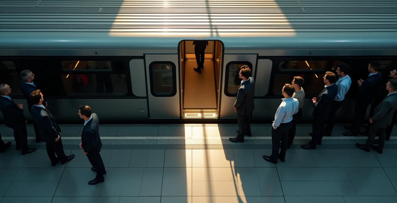 Aerial view of passengers forming a split formation around train doors to let others exit