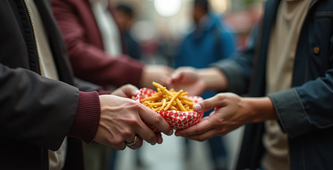 People standing near food stalls eating in designated areas