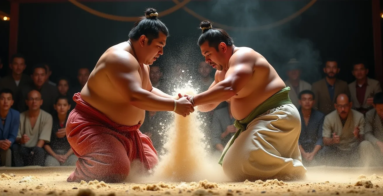 Two sumo wrestlers in explosive initial clash moment at tachiai