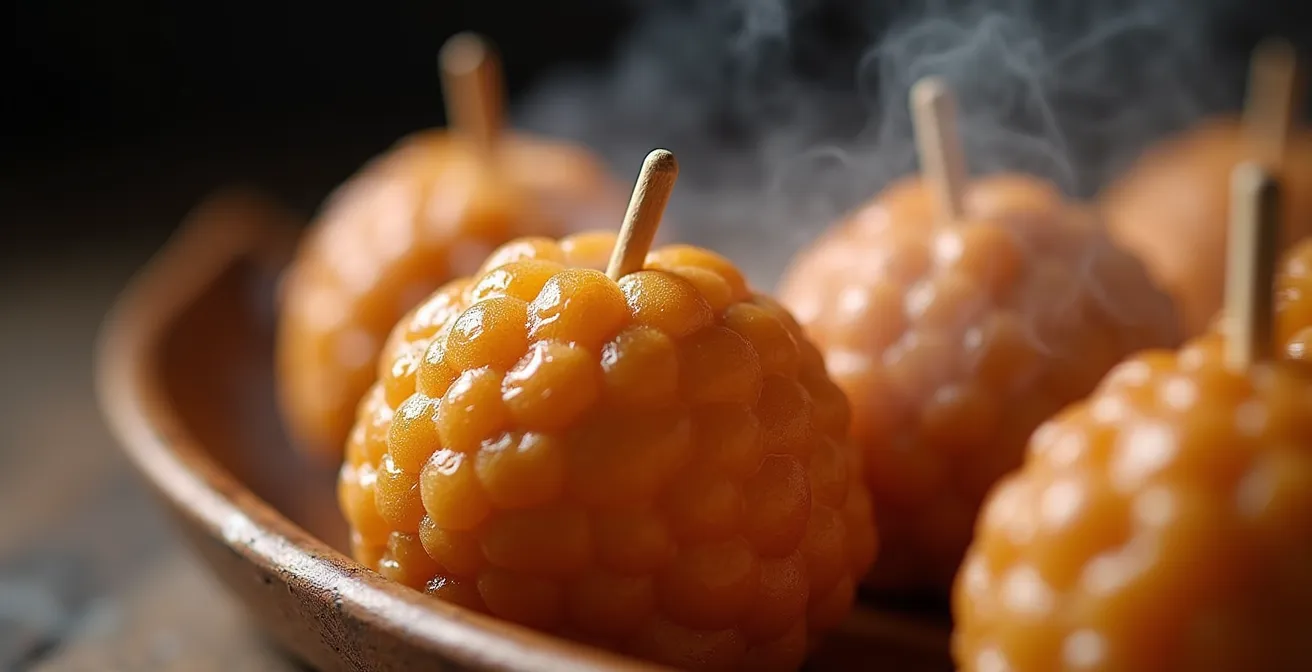 Extreme close-up of a freshly made takoyaki ball with steam escaping from a small hole poked in the top