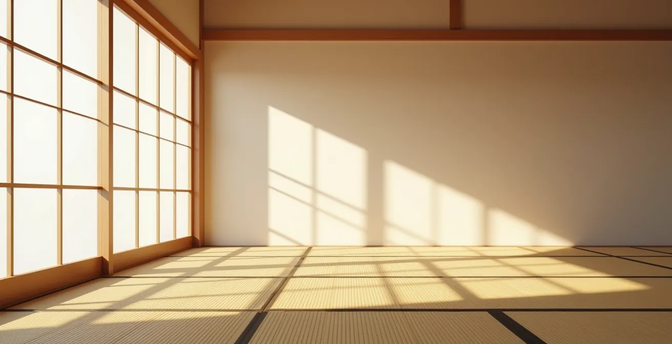 Pristine tatami mat surface with natural light casting shadows