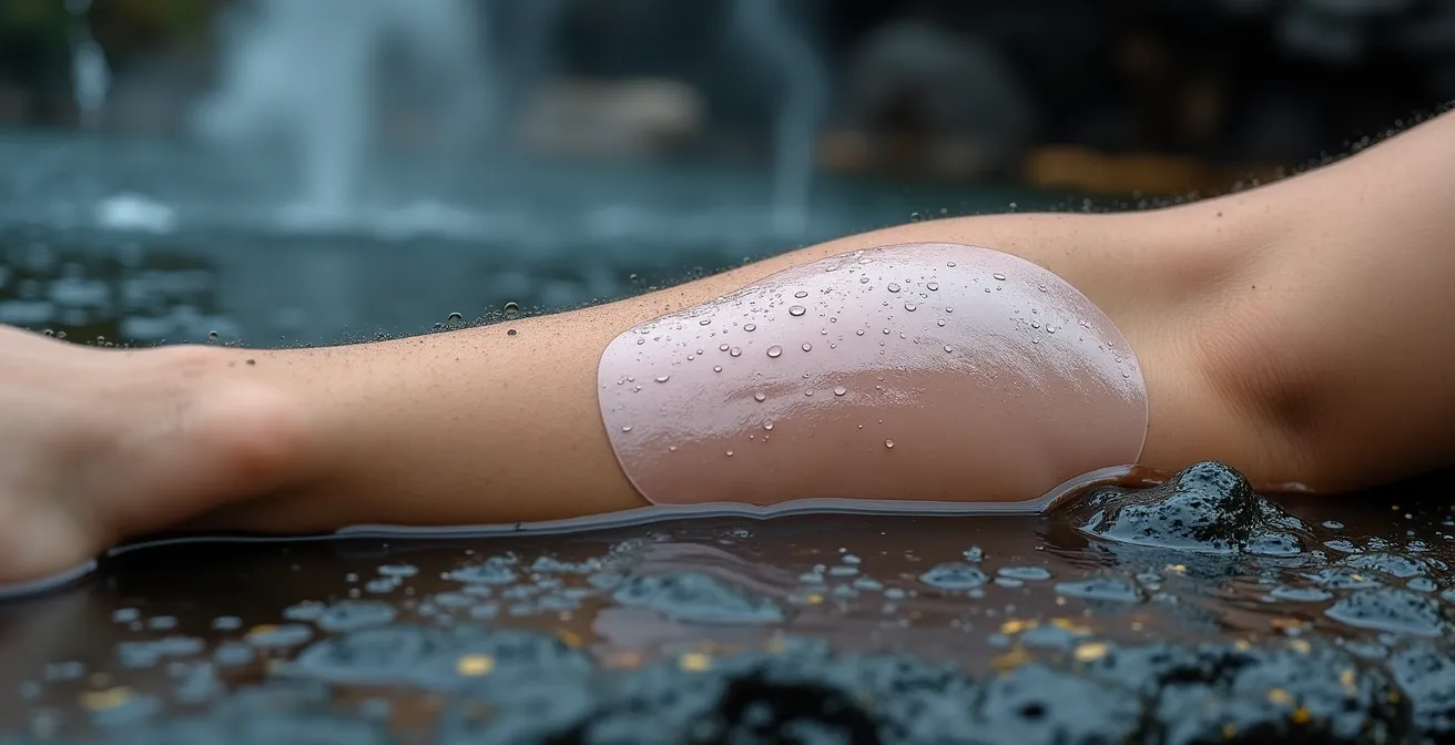 Close-up of waterproof tattoo coverage patches beside mineral-rich onsen water showing contrast between covered and uncovered skin