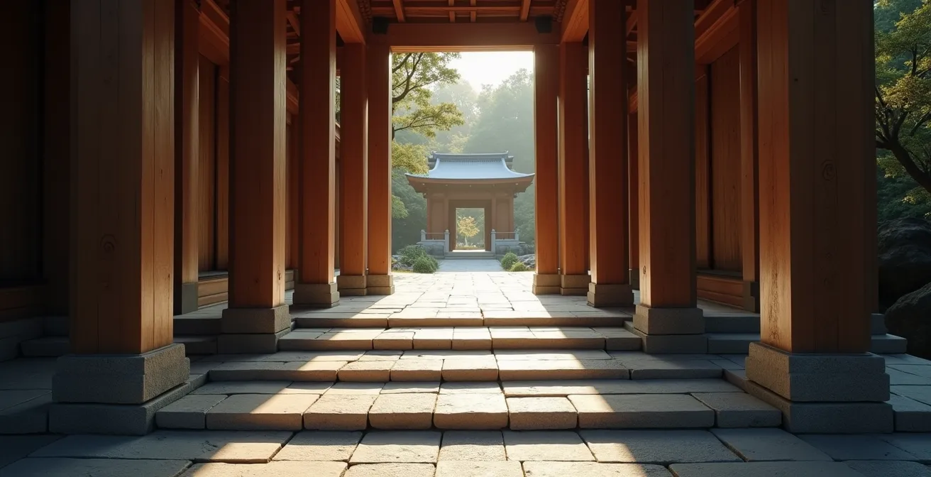 Stone pathway leading through temple gates showing progression from outer to inner sanctuary