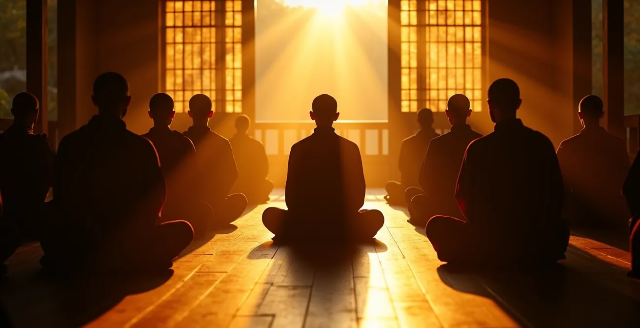Dawn light filtering through temple windows onto wooden floor during morning meditation