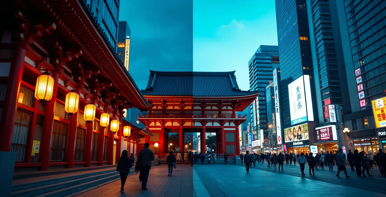 Split view showing traditional Asakusa temple architecture versus modern Shinjuku neon skyline