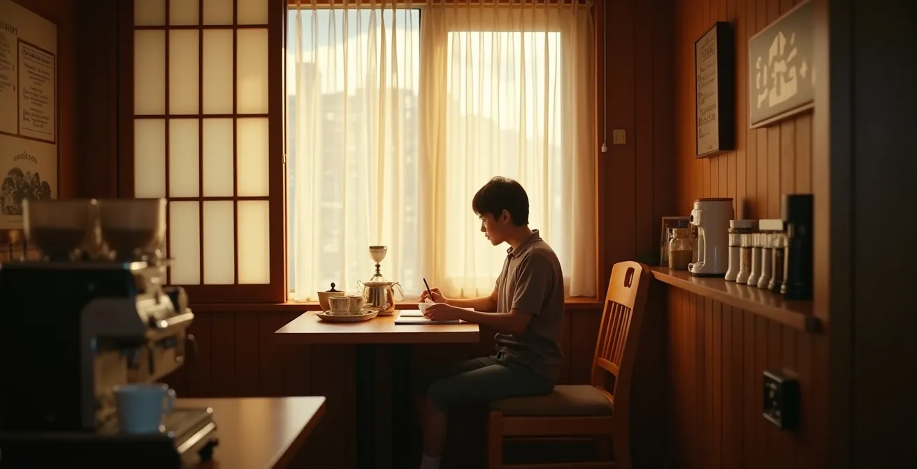 Traditional Japanese coffee shop interior during morning hours with warm lighting