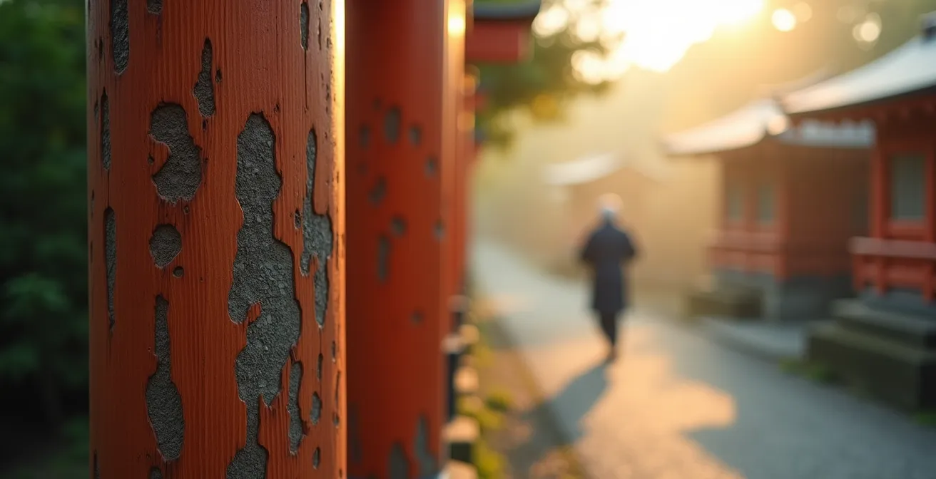 Empty shrine grounds with morning mist and single elderly person exercising