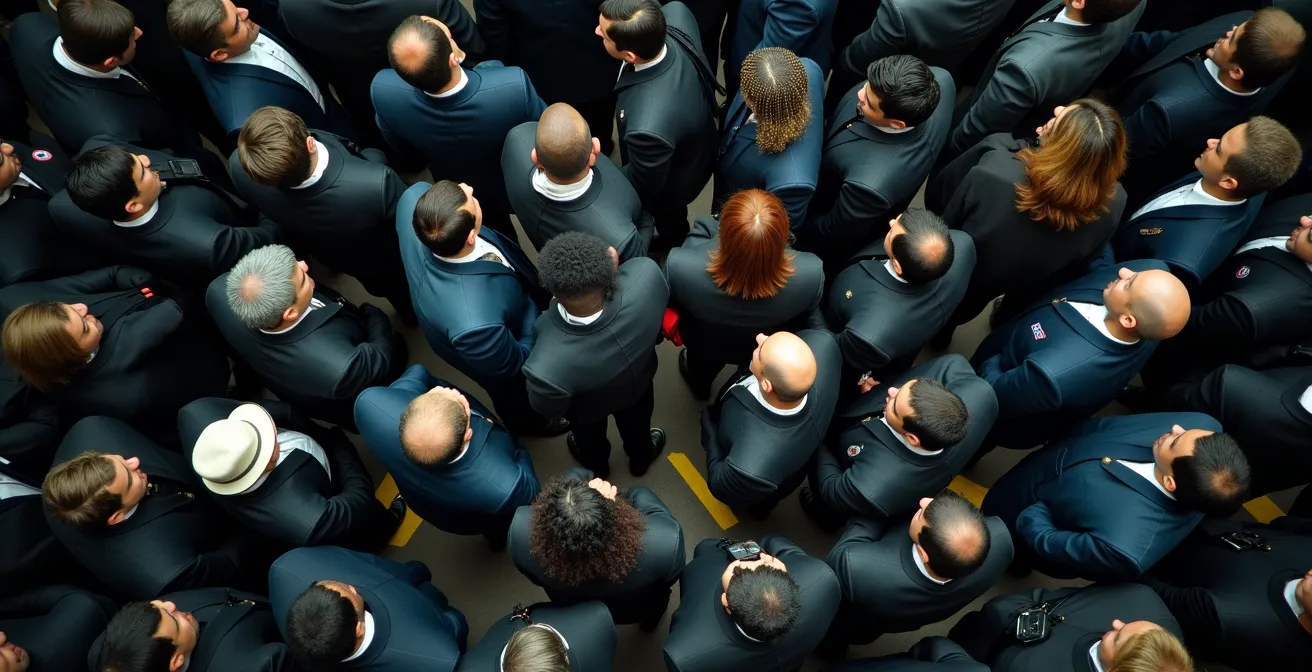 Crowded Tokyo subway platform during morning rush hour viewed from above