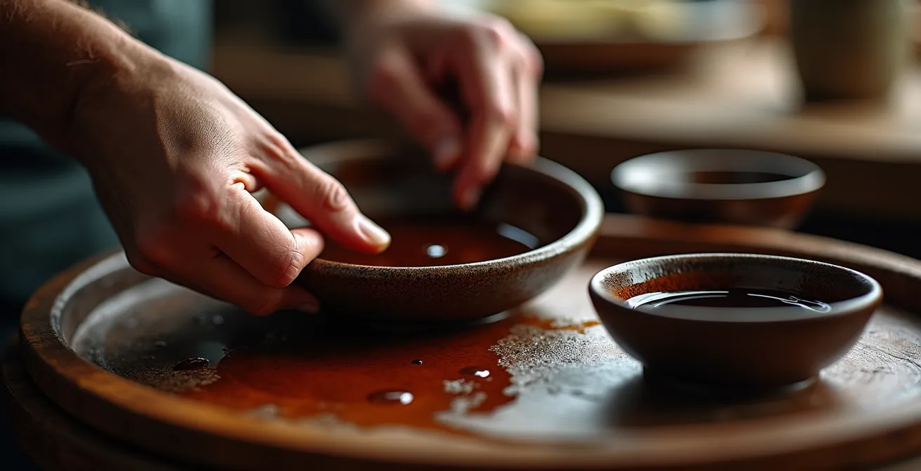 Chef's hands preparing secret tare seasoning blend in traditional ceramic bowls with soy sauce gradients