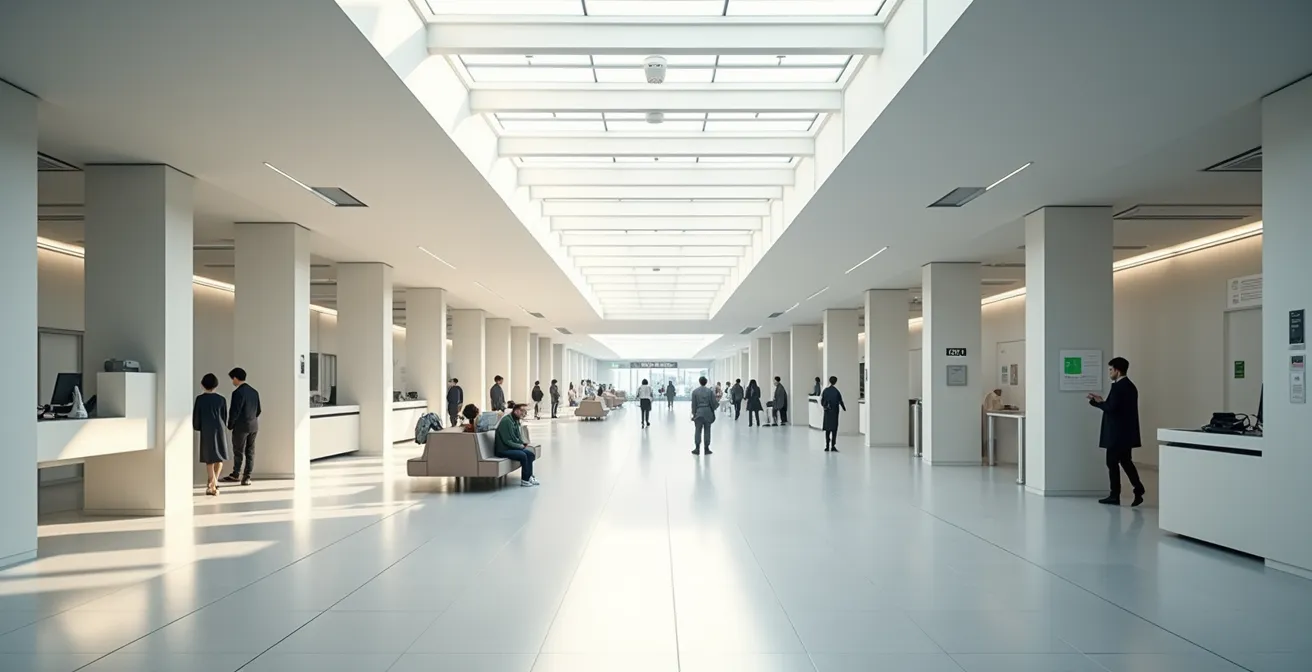 Minimalist view of modern train station service counter area