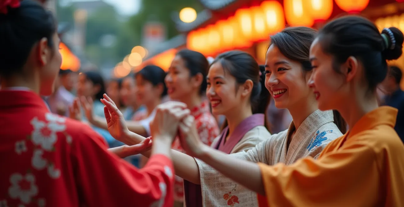 International tourists learning traditional Awa Odori dance moves from local instructors