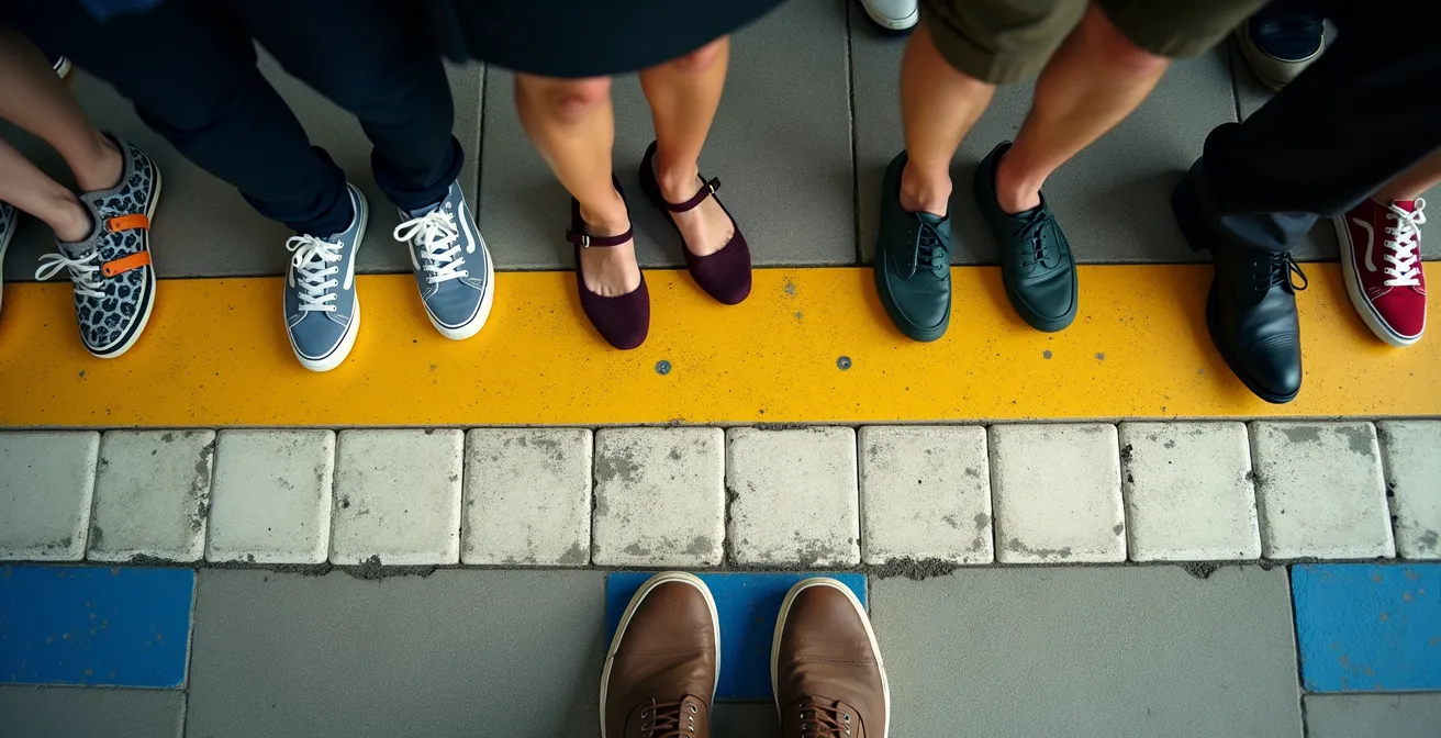 Orderly queue formation at Japanese train platform with floor markings