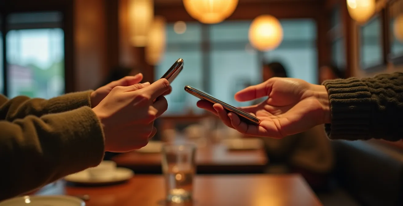Close-up of hands exchanging smartphone showing translation app in Japanese restaurant