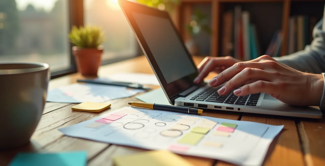 Person planning Japan trip on laptop with calendar and notes