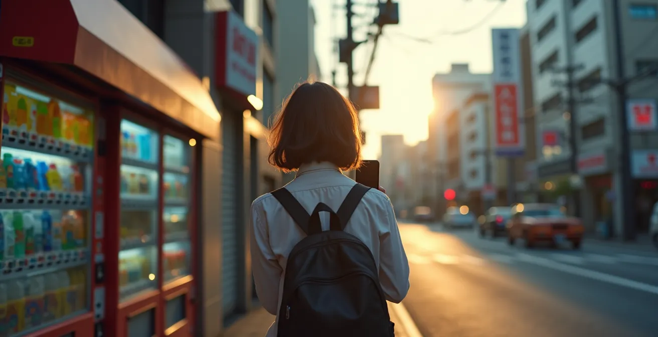 Tourist checking phone map on vibrant Tokyo street corner