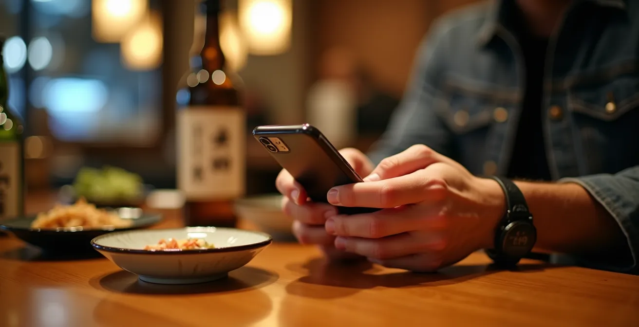 Traveler using phone translation app in Japanese restaurant