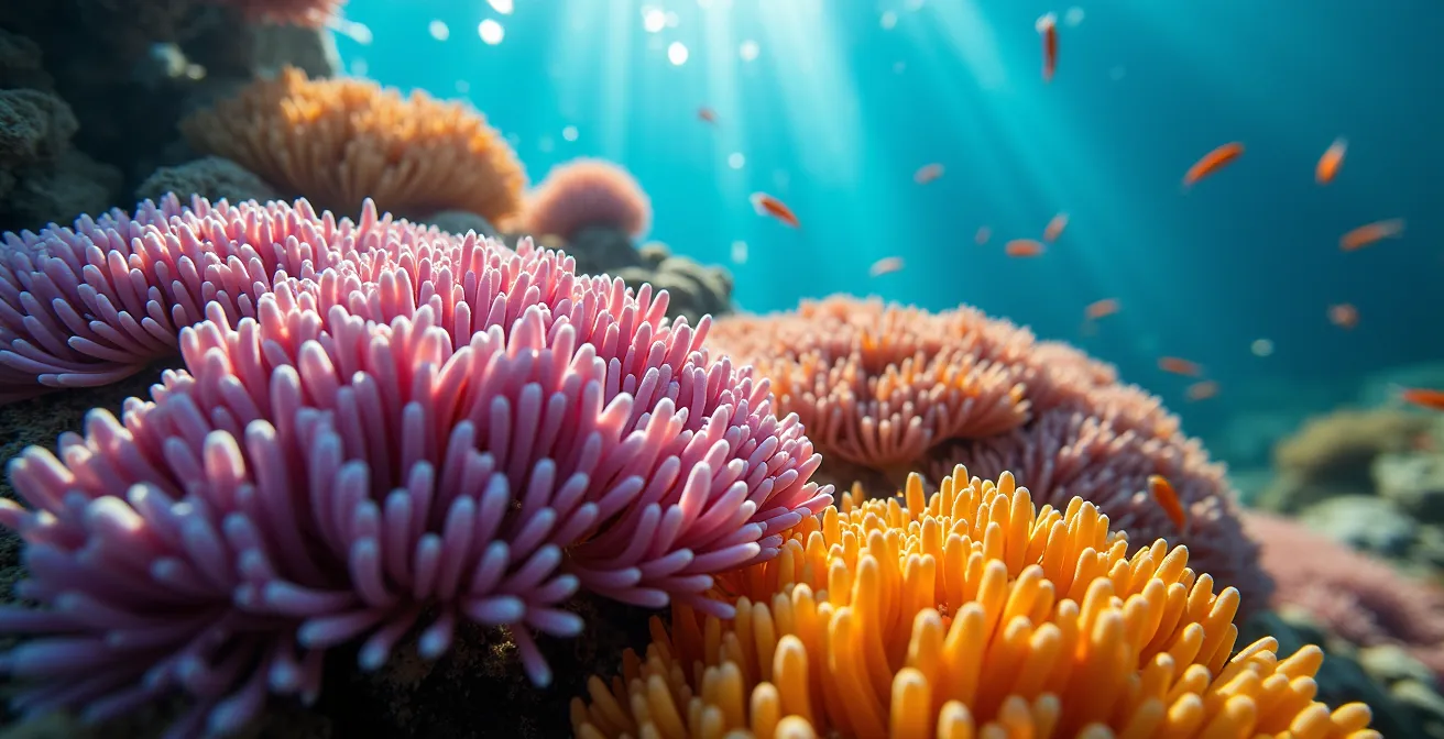 Vibrant coral reef underwater scene in crystal clear Kerama Blue waters
