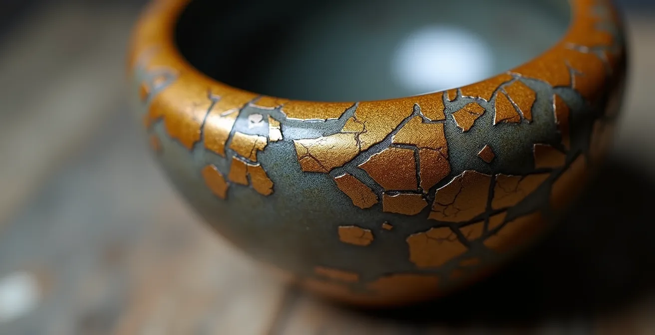 A repaired tea bowl with golden kintsugi lines showcasing wabi-sabi philosophy