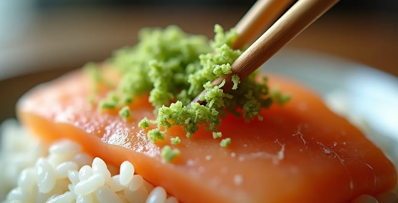 Extreme close-up of fresh wasabi carefully placed between fish and rice in nigiri sushi