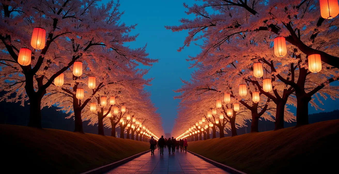 Illuminated cherry blossoms at night with traditional paper lanterns creating mysterious atmosphere