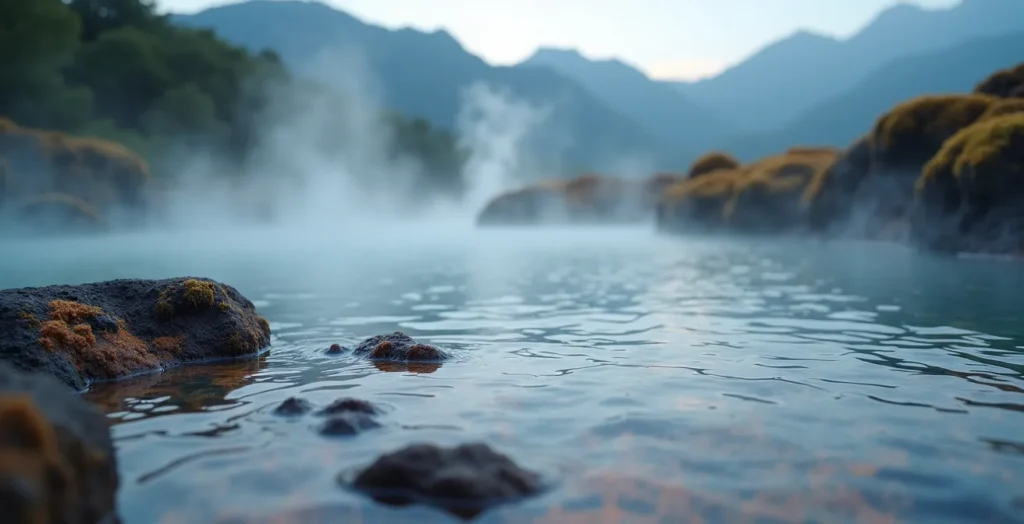 Steam rising from natural hot spring pools with volcanic mountains in background Steam rising from natural hot spring pools with volcanic mountains in background